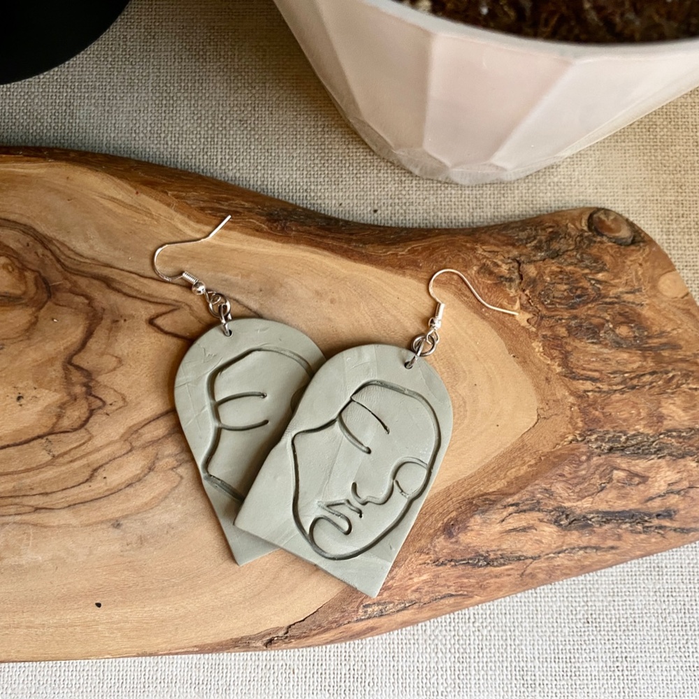Handmade Clay Earrings | Face Outline Statue | Light Forest Green | Hook Backs